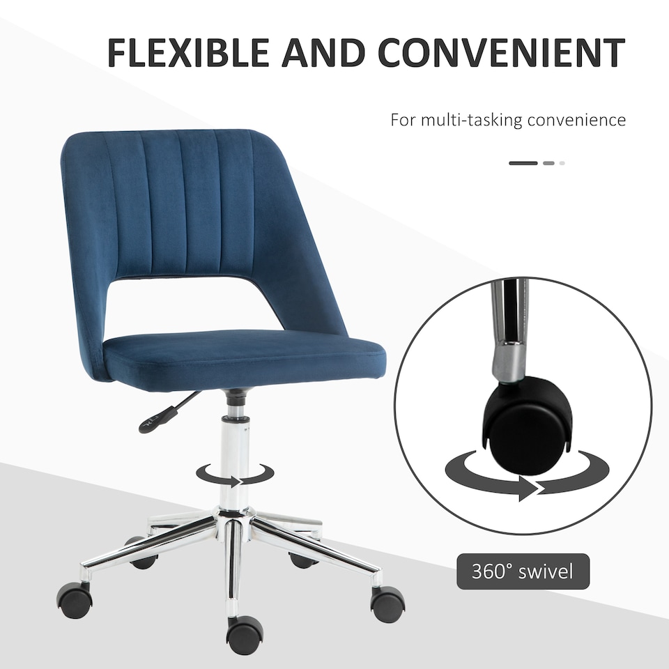 image 1 of Vinsetto Modern Office Chair, Velvet-feel Fabric Desk Chair with Wheels, Comfy Armless Swivel Vanity Chair for Makeup, Nail Tech, Bedroom, Dark Blue