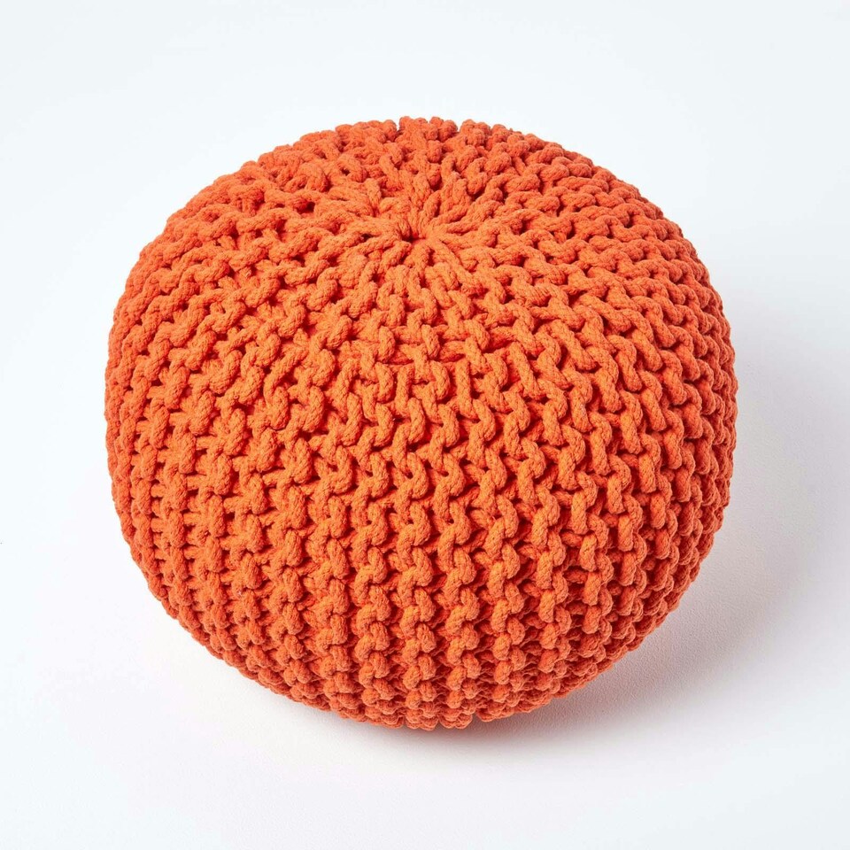 image 1 of Homescapes Burnt Orange Round Cotton Knitted Pouffe Footstool - 35 x 40 cm | Orange | H 35cm x W 40cm