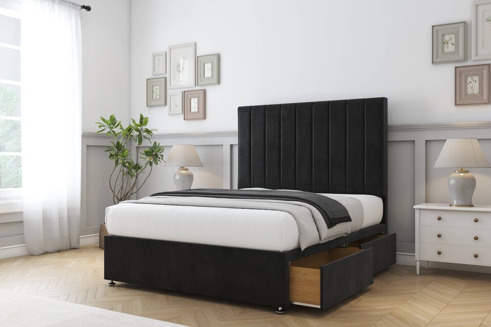 image 1 of Sloomy Kansas Black Plush Divan Bed Base No Drawers With 26 Inch Strutted Headboard | Black | Black | Small Double | 1