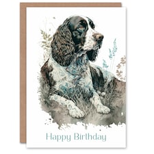 Happy Birthday Dog Lying in Field Modern Watercolor Birthday Card