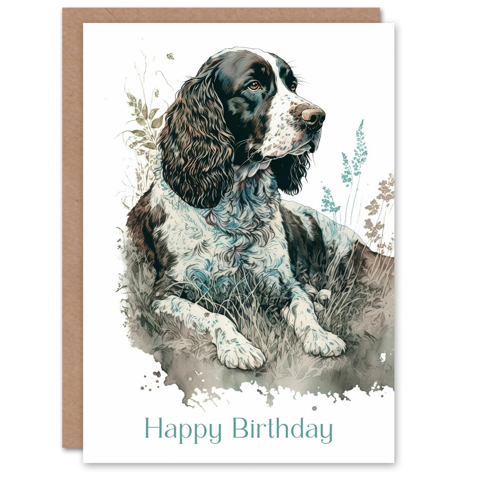 image 1 of Happy Birthday Dog Lying in Field Modern Watercolor Birthday Card