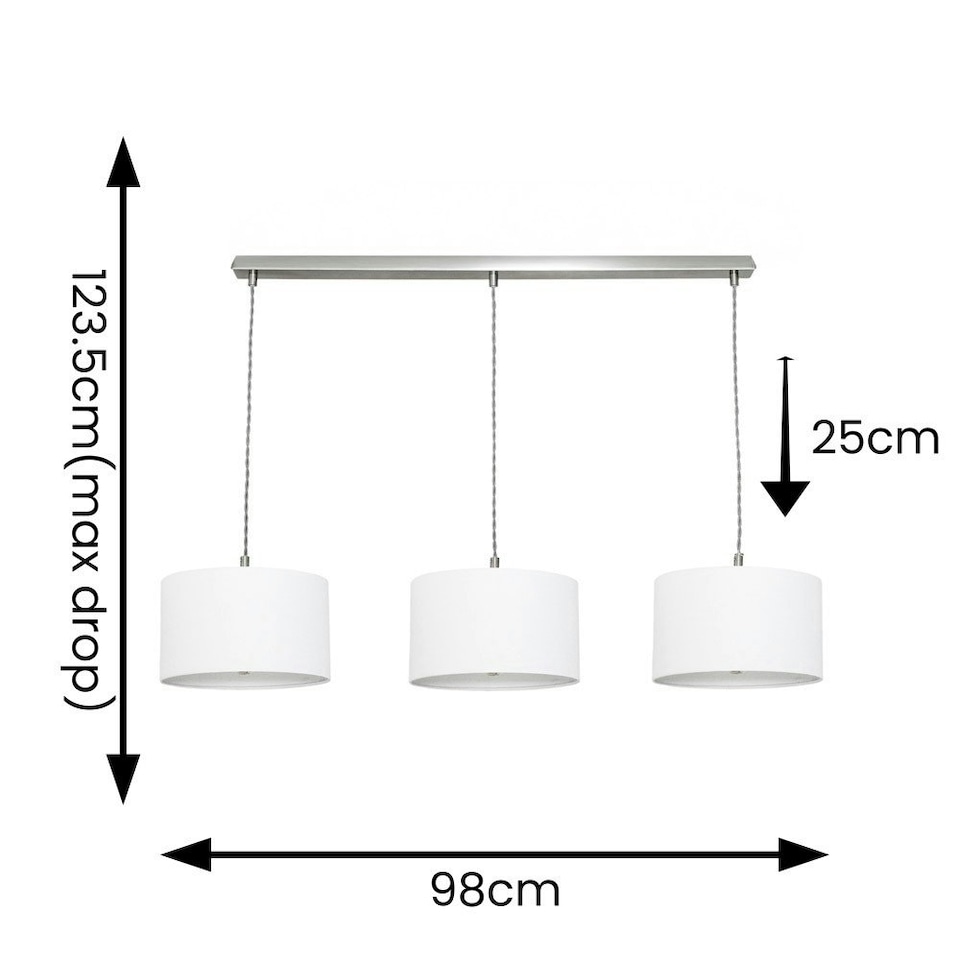 image 1 of ValueLights Reni White Drum Shade 3 Drop Bar Chrome Diner Ceiling Pendant Light with Bulbs Silver