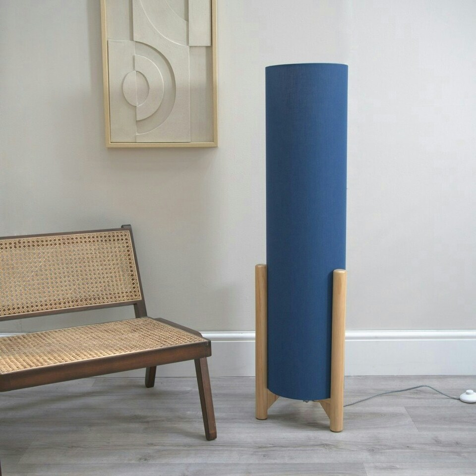 image 1 of ValueLights Henry Wooden Base Midi Floor Lamp with Tall Navy Fabric Shade Blue