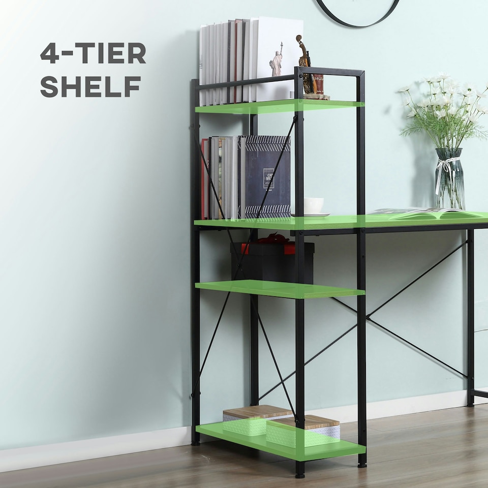 image 1 of HOMCOM Computer Desk Laptop Table w/4-tier Bookshelf Metal Frame Walnut, Black