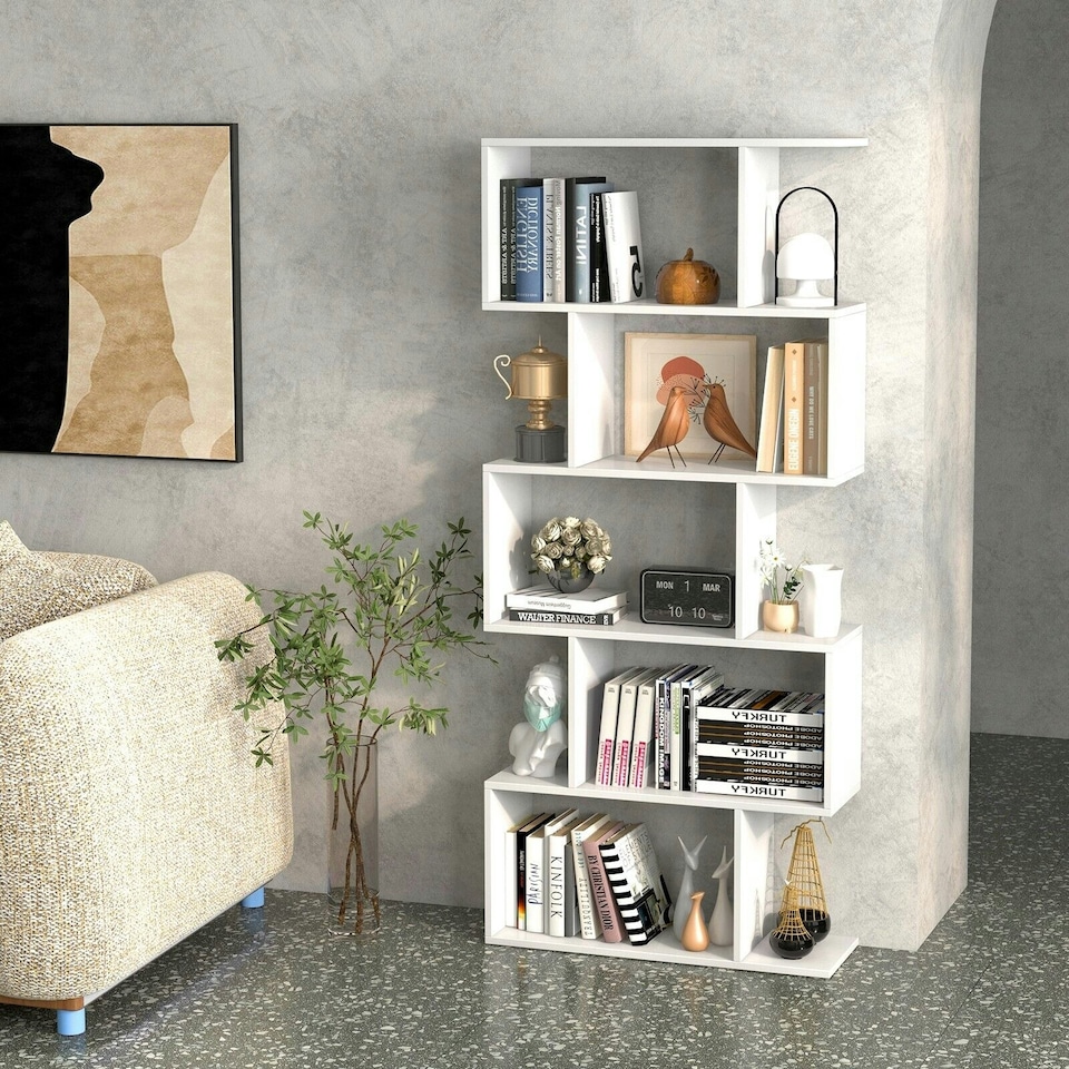 image 1 of COSTWAY 5-tier Bookcase S-Shaped Bookshelf Display Rack White White