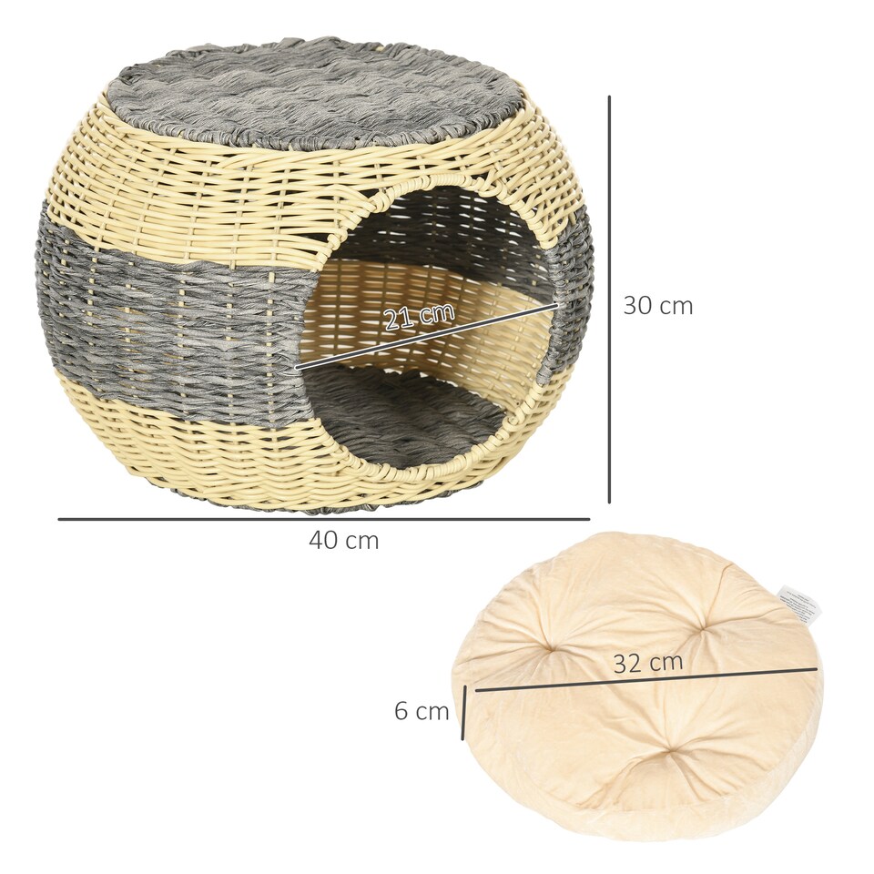 image 1 of PawHut Wicker Cat House, Rattan Raised Cat Bed with Soft Cushion, 40 x 30cm