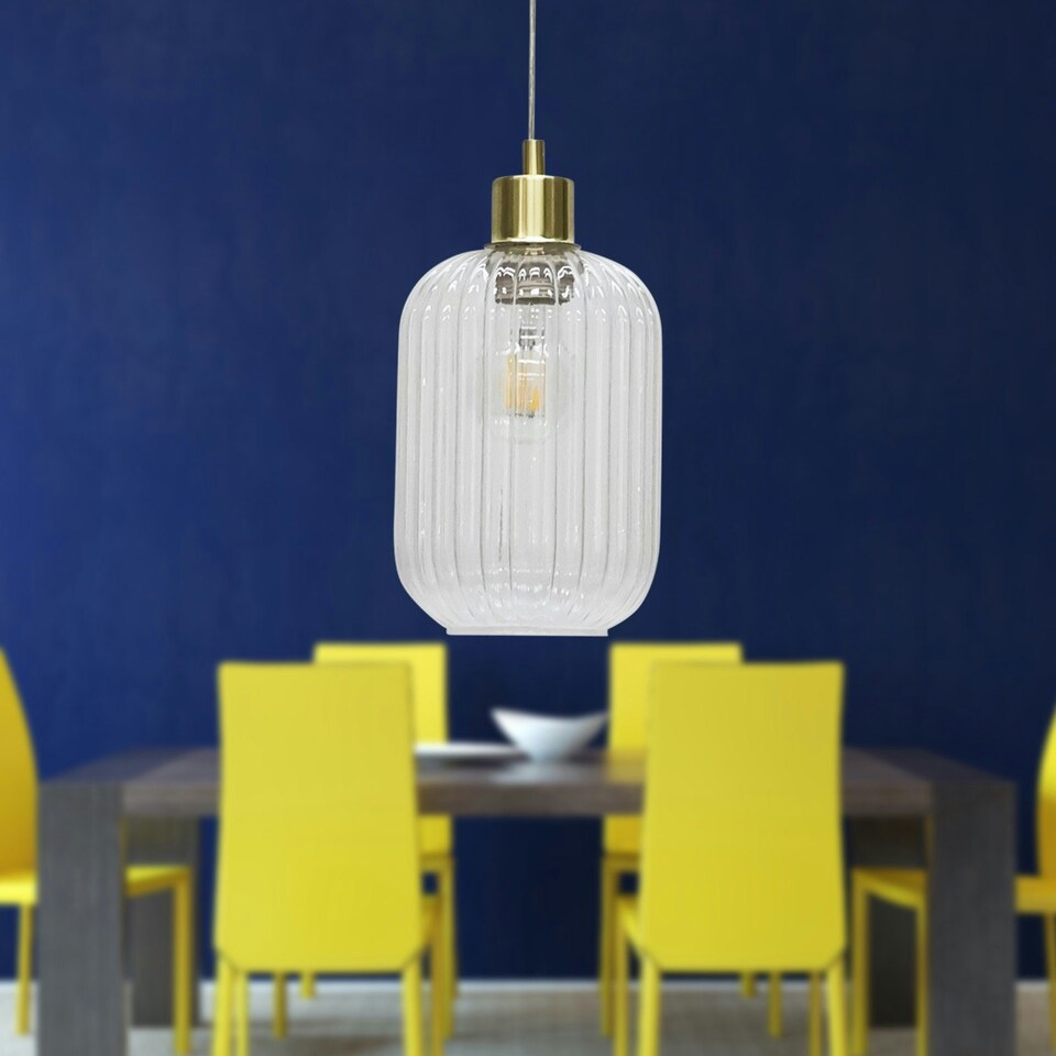 image 1 of First Choice Lighting Set of 2 Batley Clear Ribbed Glass with Satin Brass Pendant Fittings Bronze | Clear