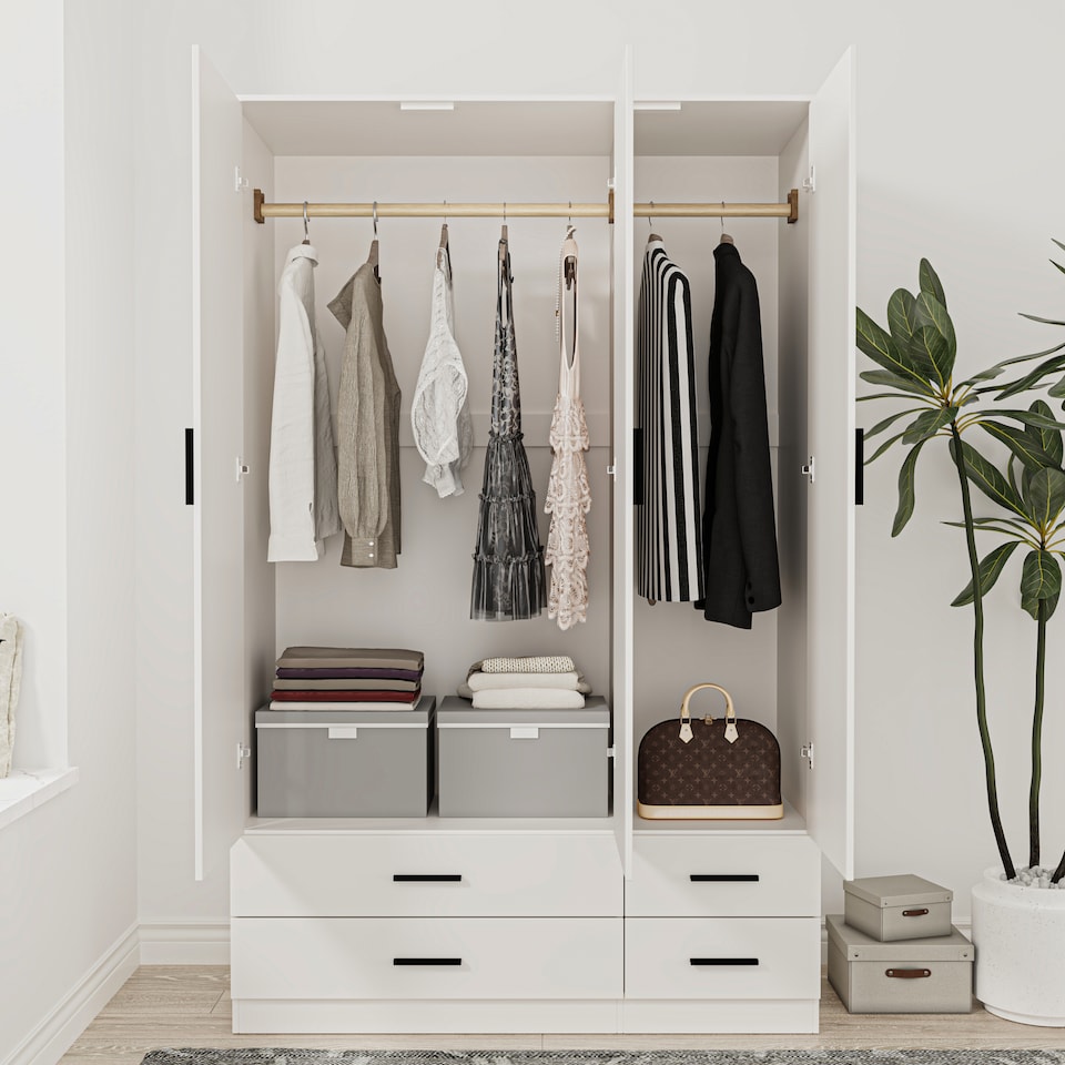 image 1 of 3 Door 4 Drawer Wardrobe With Hanging Rail And Storage Shelf | White | White Carcass & Door | 1