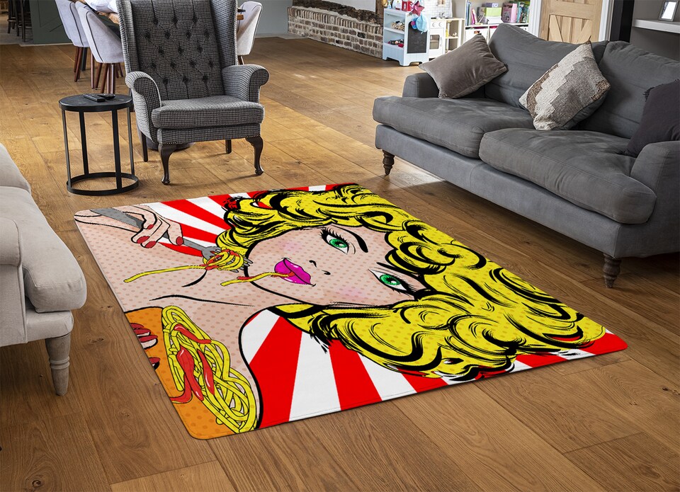 image 1 of Pop Art Young Woman Eating Spaghetti Designer Rug | Multi