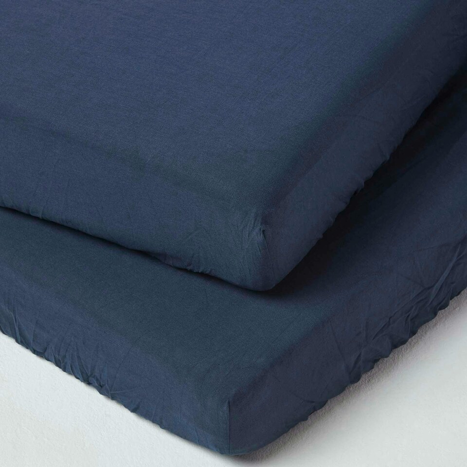 image 1 of Homescapes Navy Linen Fitted Cot Sheet 60 x 120 cm, Pack of 2 | Blue | One Size