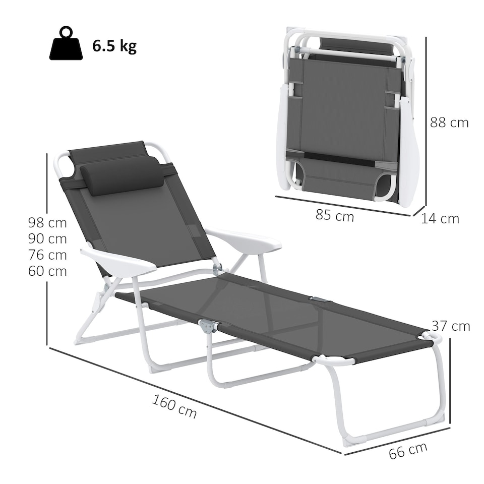image 1 of Outsunny Folding Sun Lounger with 4-Level Backrest & Headrest, Charcoal Grey