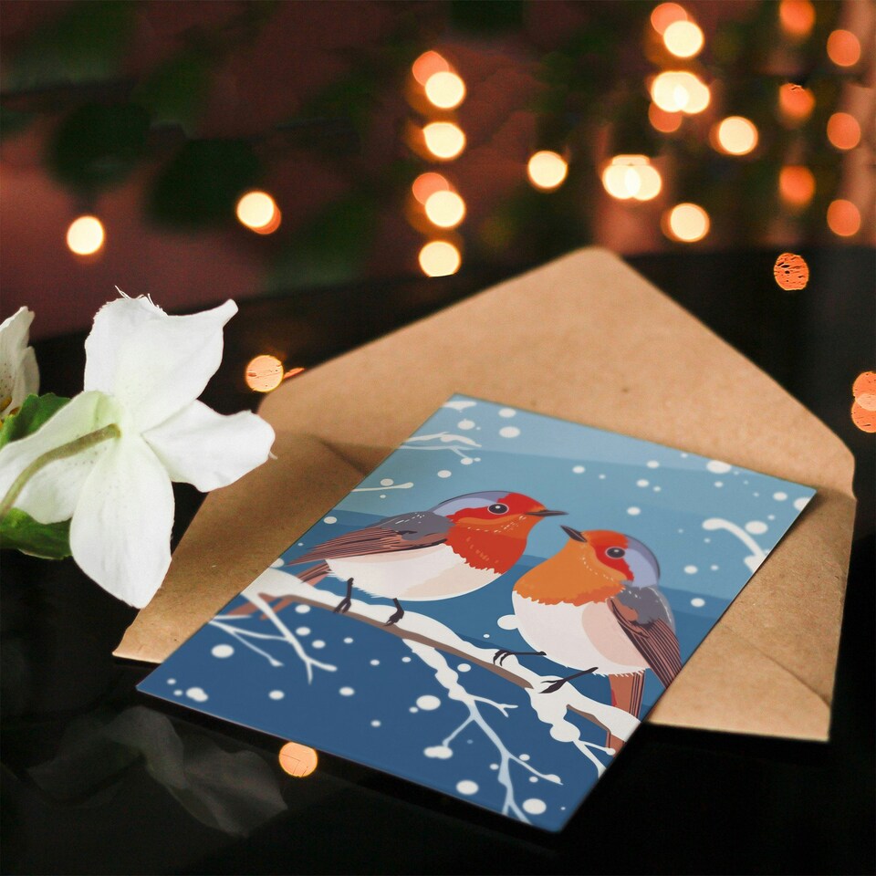 image 1 of Two Robin Birds on Snow Tree Branch Blank For Him Or Her Art Xmas Festive Christmas Card