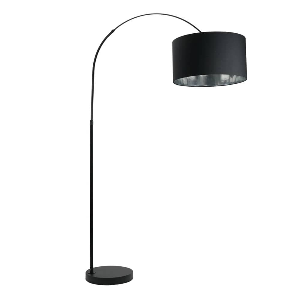 ValueLights Louis Black Arched Floor Lamp Black Drum Metallic Chrome Shade and Bulb