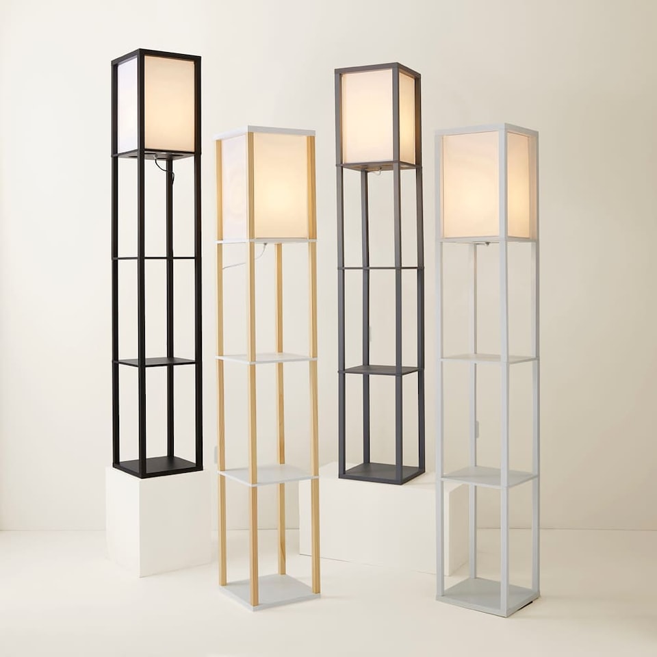 image 1 of ValueLights Struttura Black Shelving Floor Lamp Fabric Shade