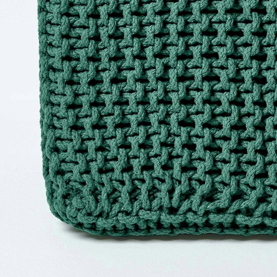 image 1 of Homescapes Forest Green Cube Cotton Knitted Pouffe Footstool
