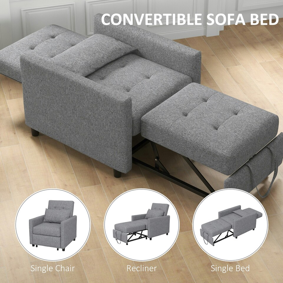 image 1 of HOMCOM Convertible Single Chair Bed w/ Tufted Upholstered Fabric, Grey