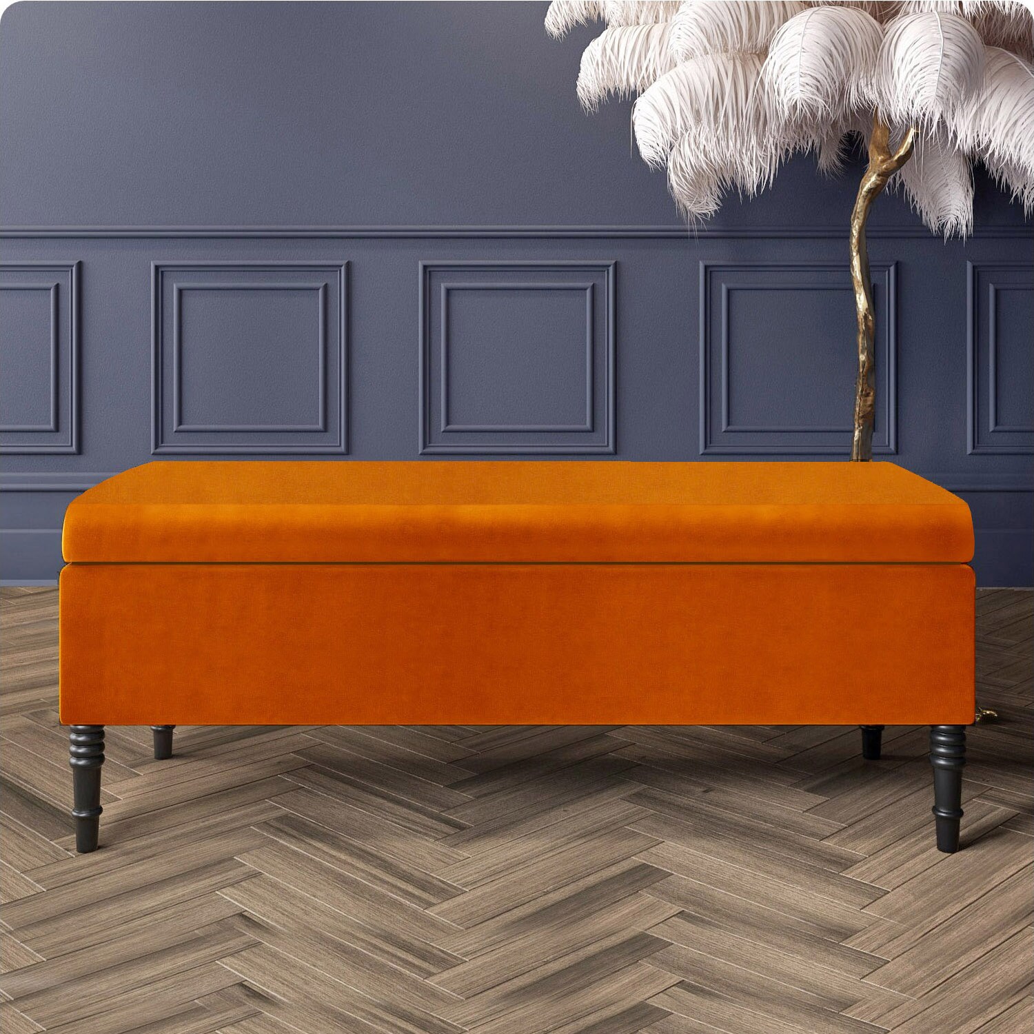 Paris Plain 150cm Ottoman Storage Bench - Plush Velvet Shoe Bench - Burnt Orange Upholstery Footstool with Storage