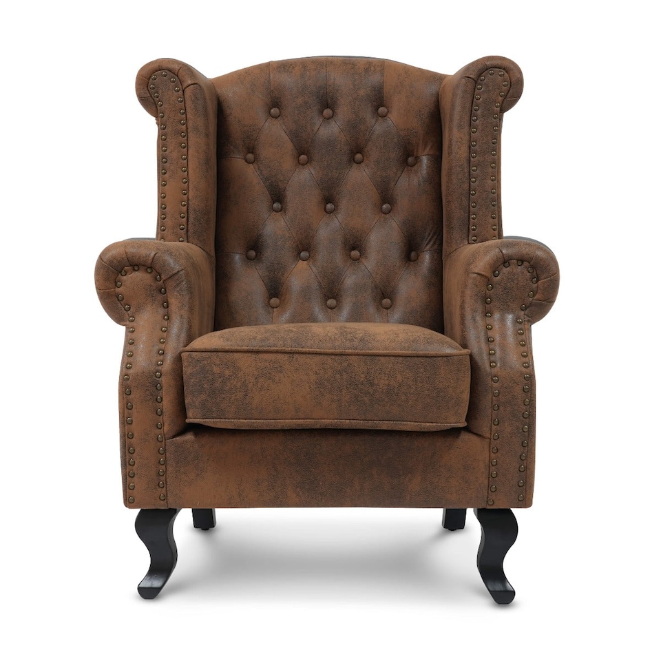 image 1 of Faux Leather Brown Suede Balmoral Wing Back Chair with Buttons