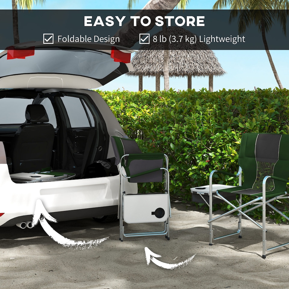 image 1 of Outsunny Aluminium Directors Chair, Folding Camping Chair for Adults with Side Table, Cup Holder, Cooler Bag and Pocket, Up to 120 kg, Green