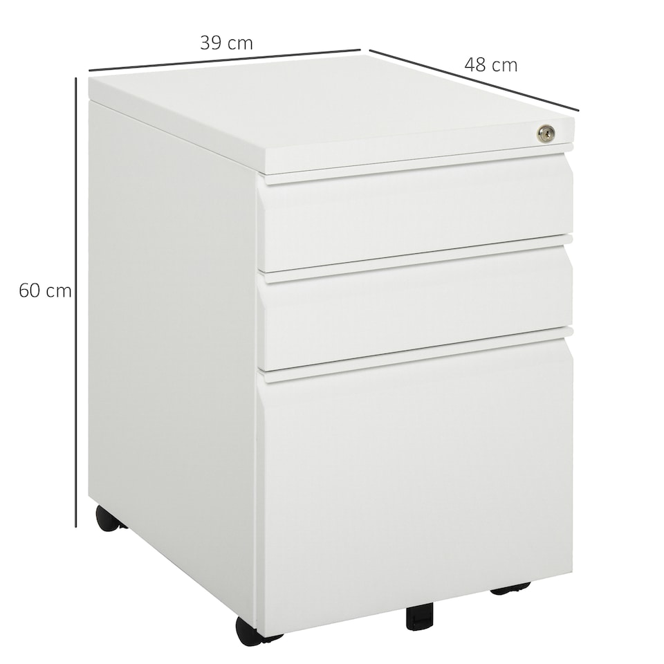 image 1 of Vinsetto 3-Drawer Filing Cabinet, Mobile Metal File Cabinet with Lock and 5 Wheels for A4 Legal Letter Sized Hanging File Folders, Under Desk Drawers, Pre-Assembled Body, 39 x 48 x 60 cm, White