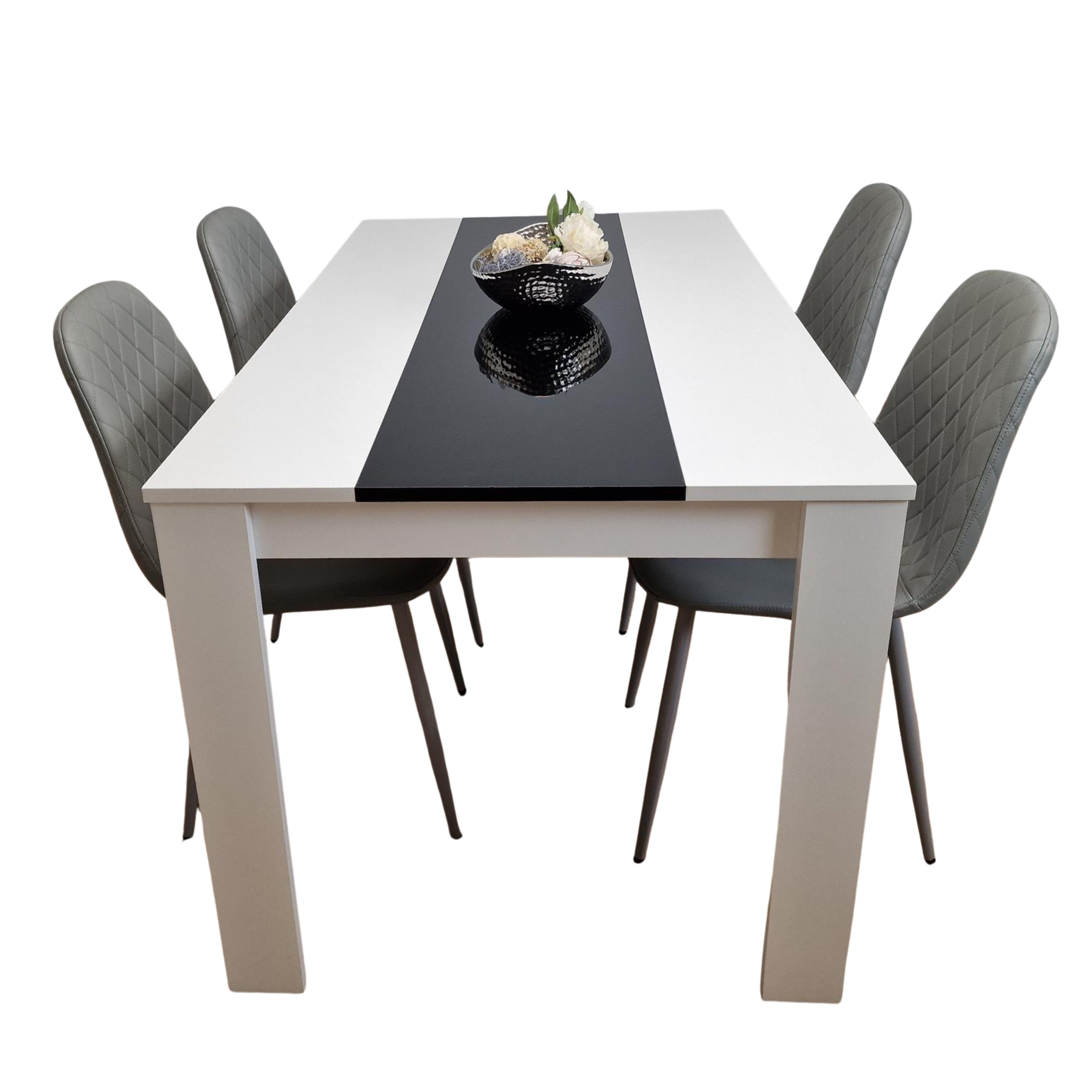 White Black Wooden Dining Table with 4 Grey Faux Leather Chairs Set