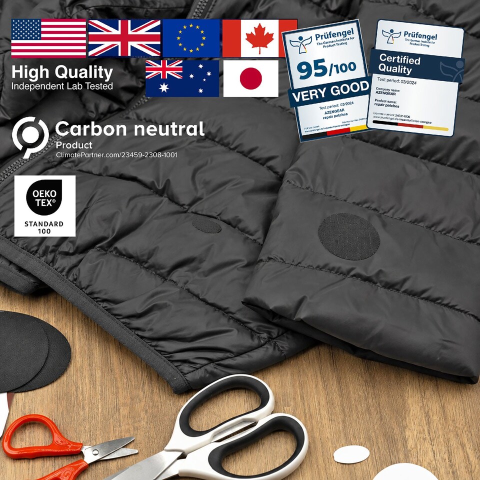 image 1 of aZengear Repair Patches for Jackets, Tent, Shoe, Gear - Waterproof, Self-Adhesive, Tear-Cold-Heat-Resistant (11 Pieces, Black)