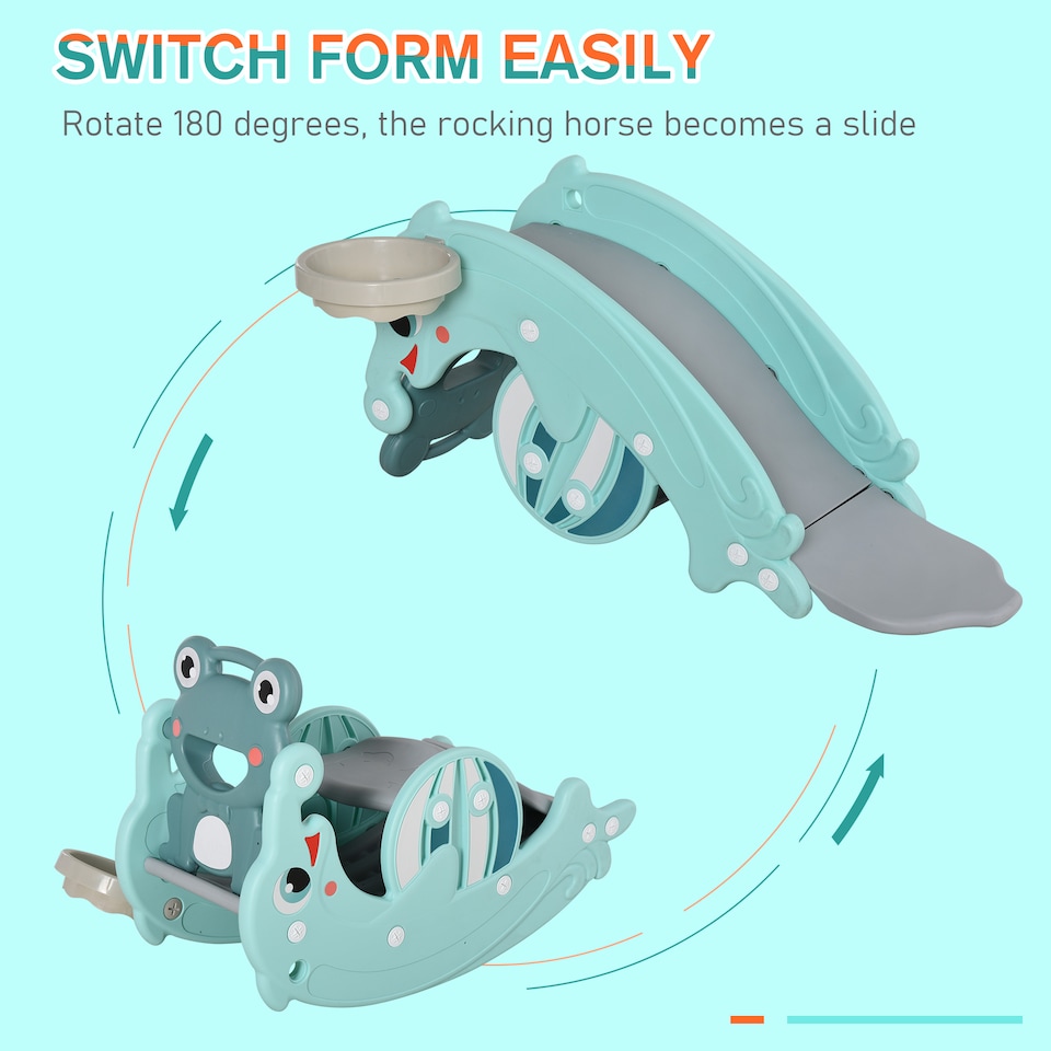 image 1 of HOMCOM 3-in-1 Baby Rocking Horse Portable Slide Basketball Hoop Equipment Indoor Outdoor Playground Toy, Age 18-36 Months, Green