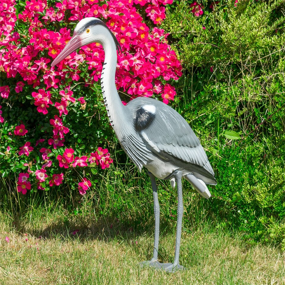 image 1 of Twin Pack Pond Decoy Realistic Owl And Heron Pest Deterrent Scarer Koi Carp Fish