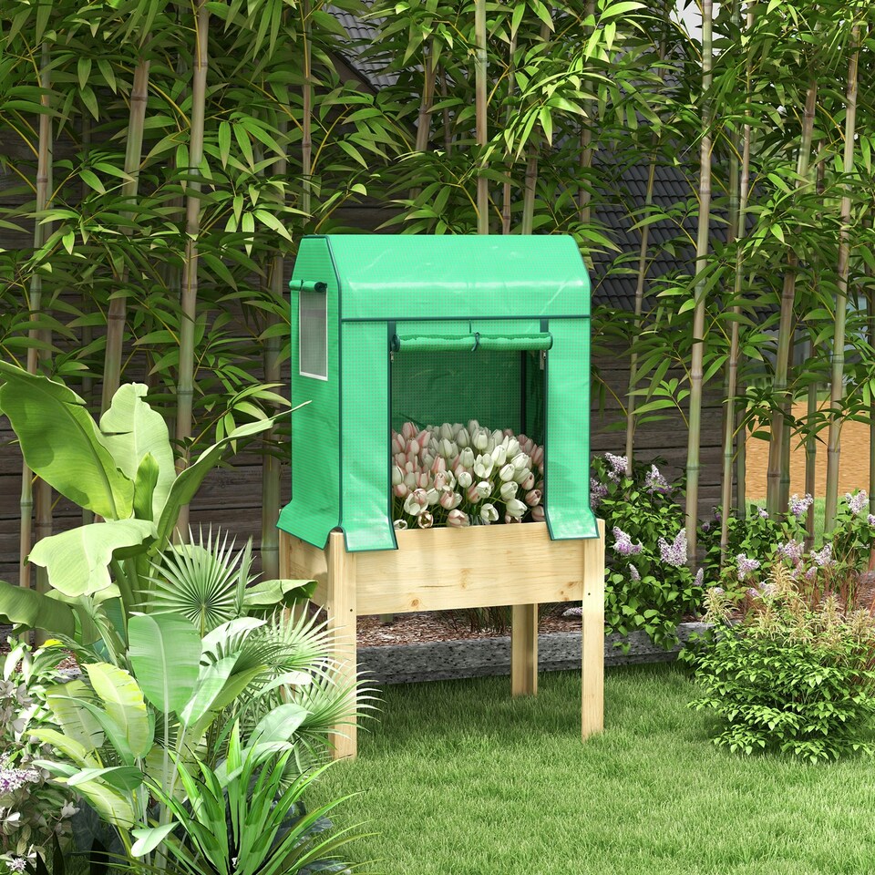 image 1 of Outsunny Wooden Raised Planter with PE Greenhouse Cover and Bed Liner