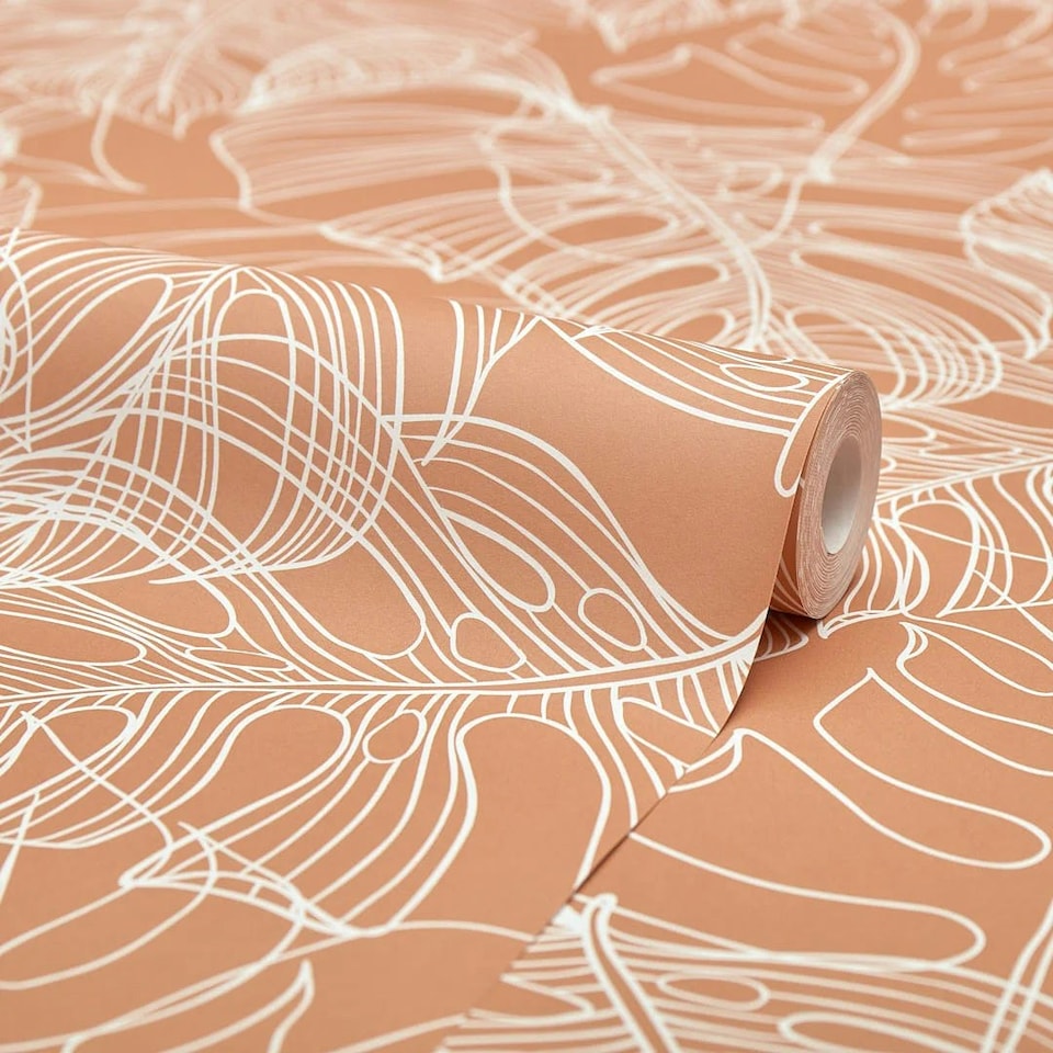 image 1 of Monstera Leaf Wallpaper in Terracotta Multi