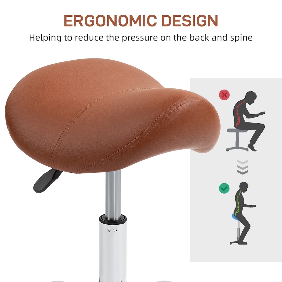 image 1 of HOMCOM Cosmetic Stool 360 Rotate Height Adjustable Salon Massage Spa Chair Hydraulic Rolling Faux Leather Saddle Stool Mobility, Brown