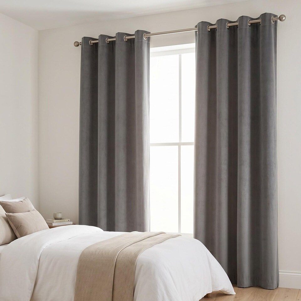 image 1 of Velvet Chenille Eyelet Curtains Ready Made Pair - 142cm x 137cm - Slate