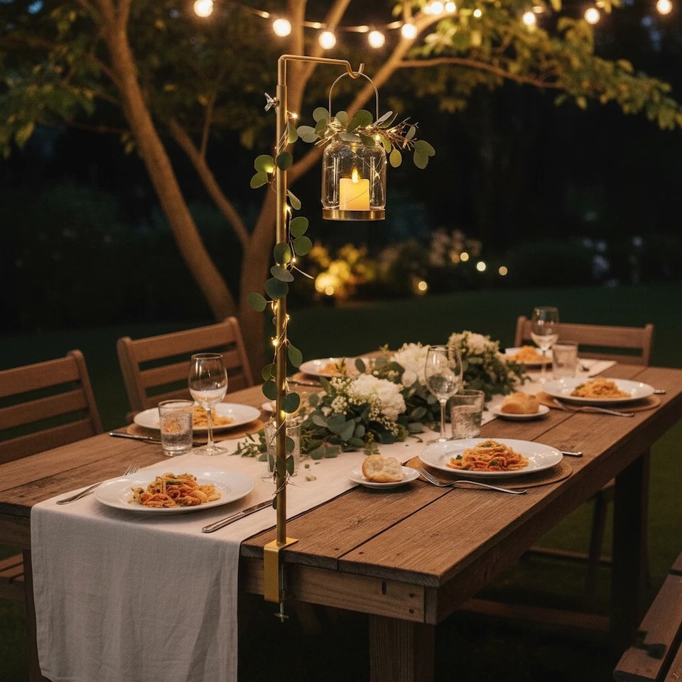 image 1 of Gold Metal Table Clamp Pole Hook Rail Stand Garden Lantern Hanger Party Rod | Gold | Set of 2