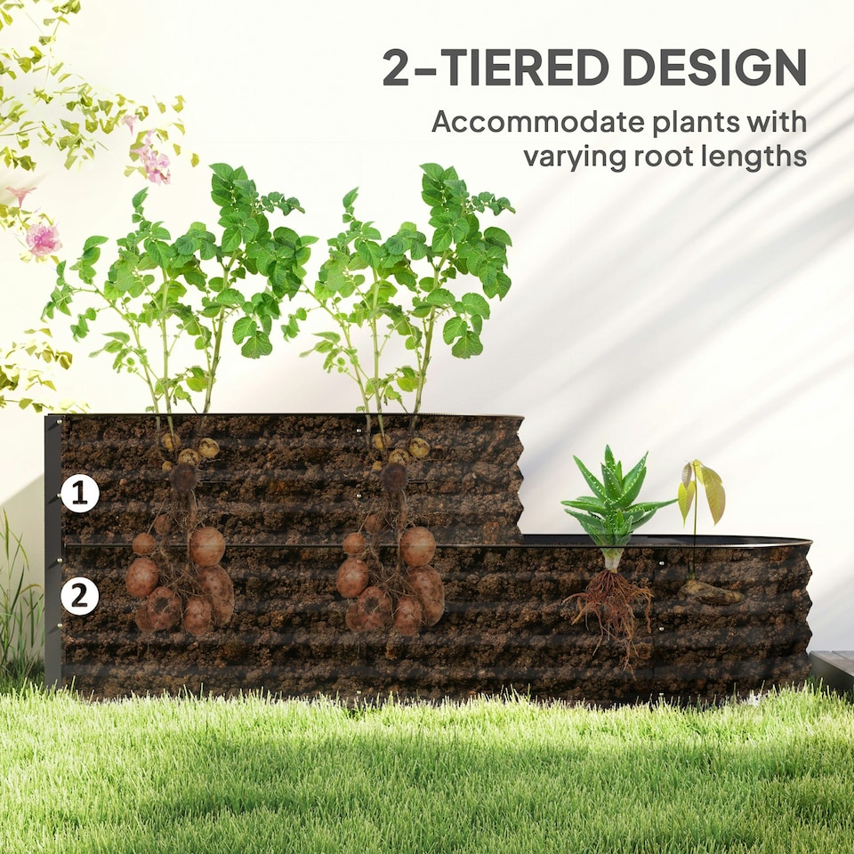 image 1 of Outsunny 2-Tier Galvanised Raised Garden Bed with Safety Edging Grey