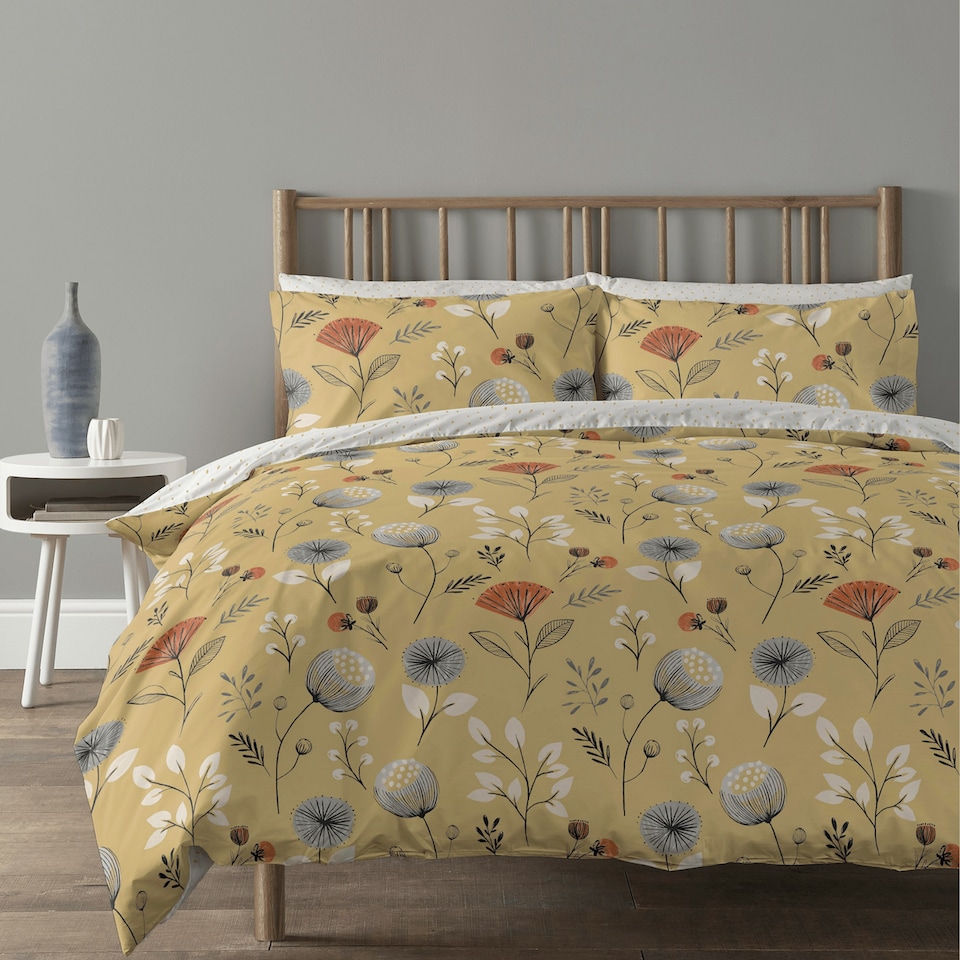 image 1 of Copenhagen Home Olia Floral Print Ochre Reversible Duvet Cover and Pillowcase Set - King Size