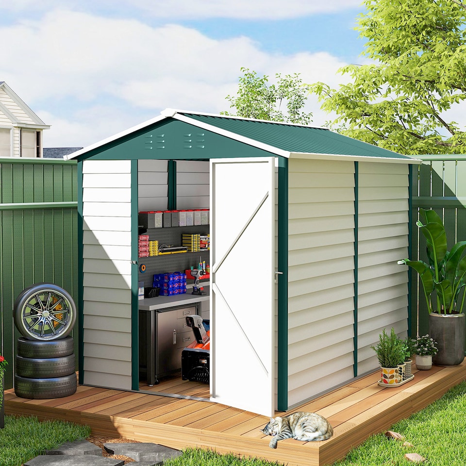 image 1 of Outsunny 9 x 6FT Metal Garden Shed, Tool Storage with Lockable Door, Window, Galvanised Outdoor Storage Shed  for Garden, Patio, Green