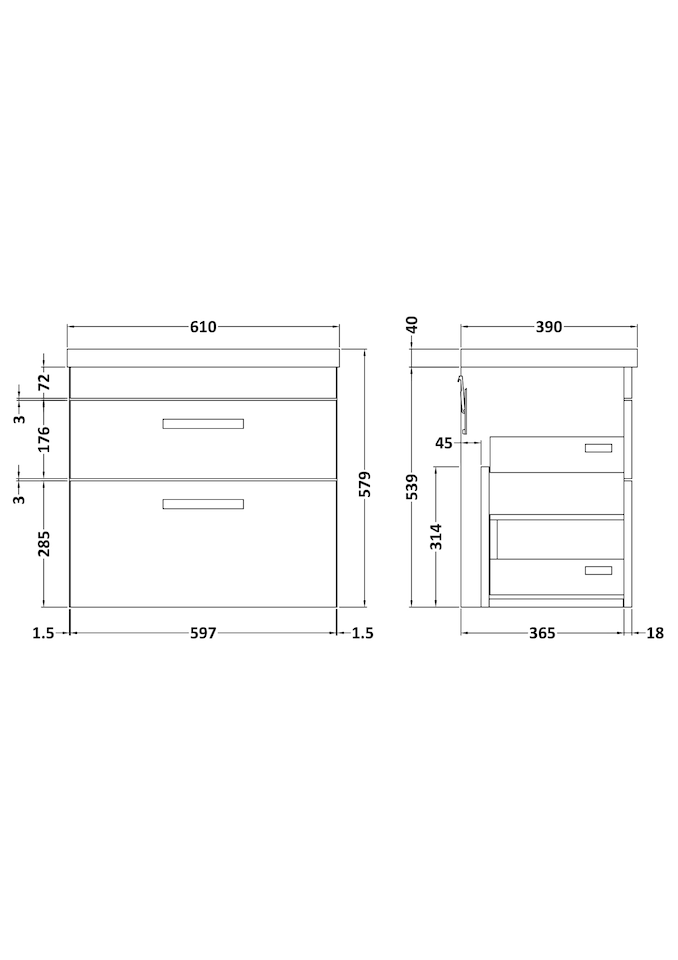 image 1 of Balterley Rio 2 Drawer Wall Hung Vanity Basin Unit - with Square D-shaped handles (Tap Not Included) - Balterley | Grey | Gloss Grey