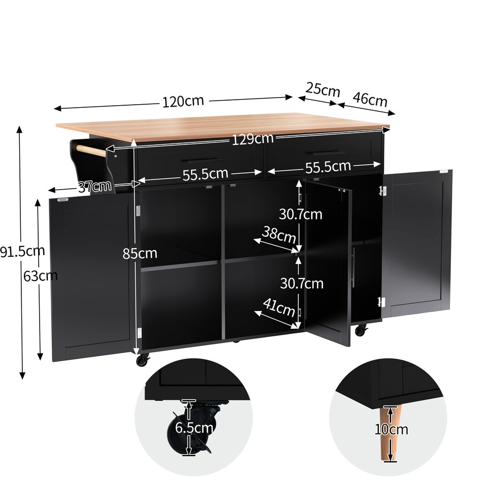image 1 of VILUXE Mobile Kitchen Island with Foldable Worktop, 2 Drawers, Adjustable Shelves, Towel Rail, Wheels and Solid Wood Feet, Black and Natural