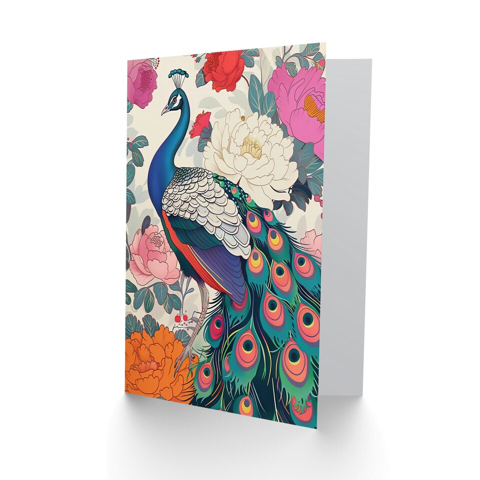 image 1 of Peacock Bird with Peony Flower Pattern Design Birthday Card