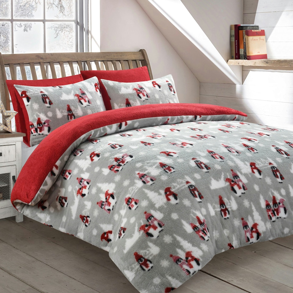 Velosso Penguins Teddy Fluffy and Warm Fleece Duvet Cover Set | Red | Red | Double