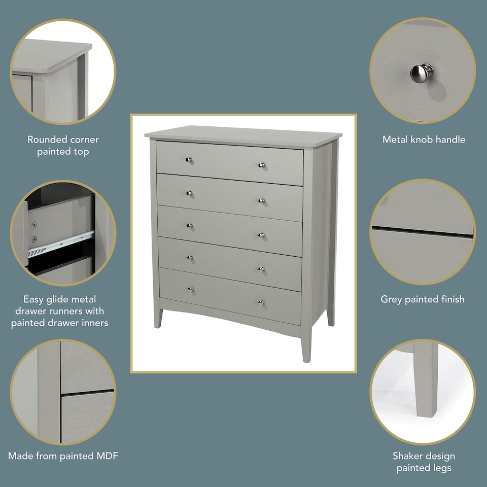 image 1 of Como 5 Drawer Chest of Drawers - Shaker Style Bedroom Storage Cabinet with Space Saving Design | Grey | Grey | 1