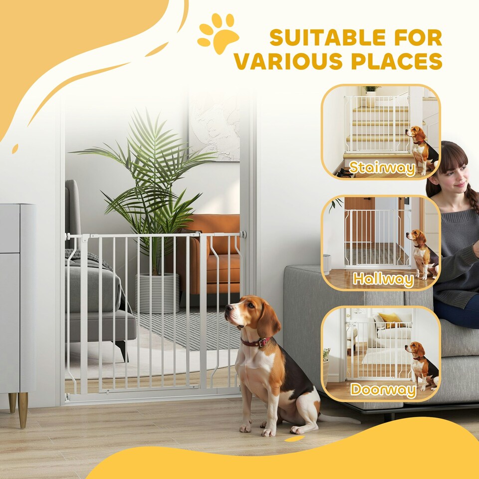 image 1 of PawHut Dog Gate Wide Stair Gate w/ Door Pressure Fit, 75-95W cm, White