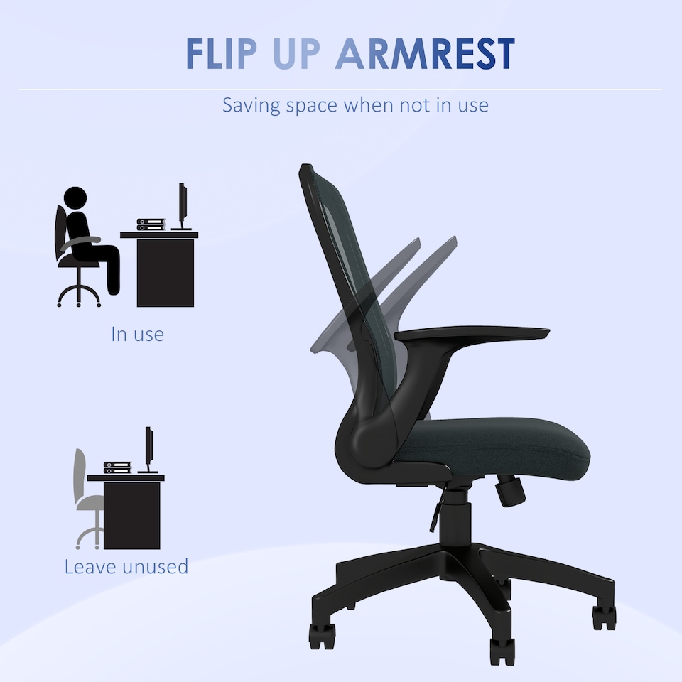 image 1 of Vinsetto Mesh Office Chair, Ergonomic Computer Desk Chair with Flip-up Armrest, Lumbar Back Support, Adjustable Height, Swivel Wheels, Charcoal Grey
