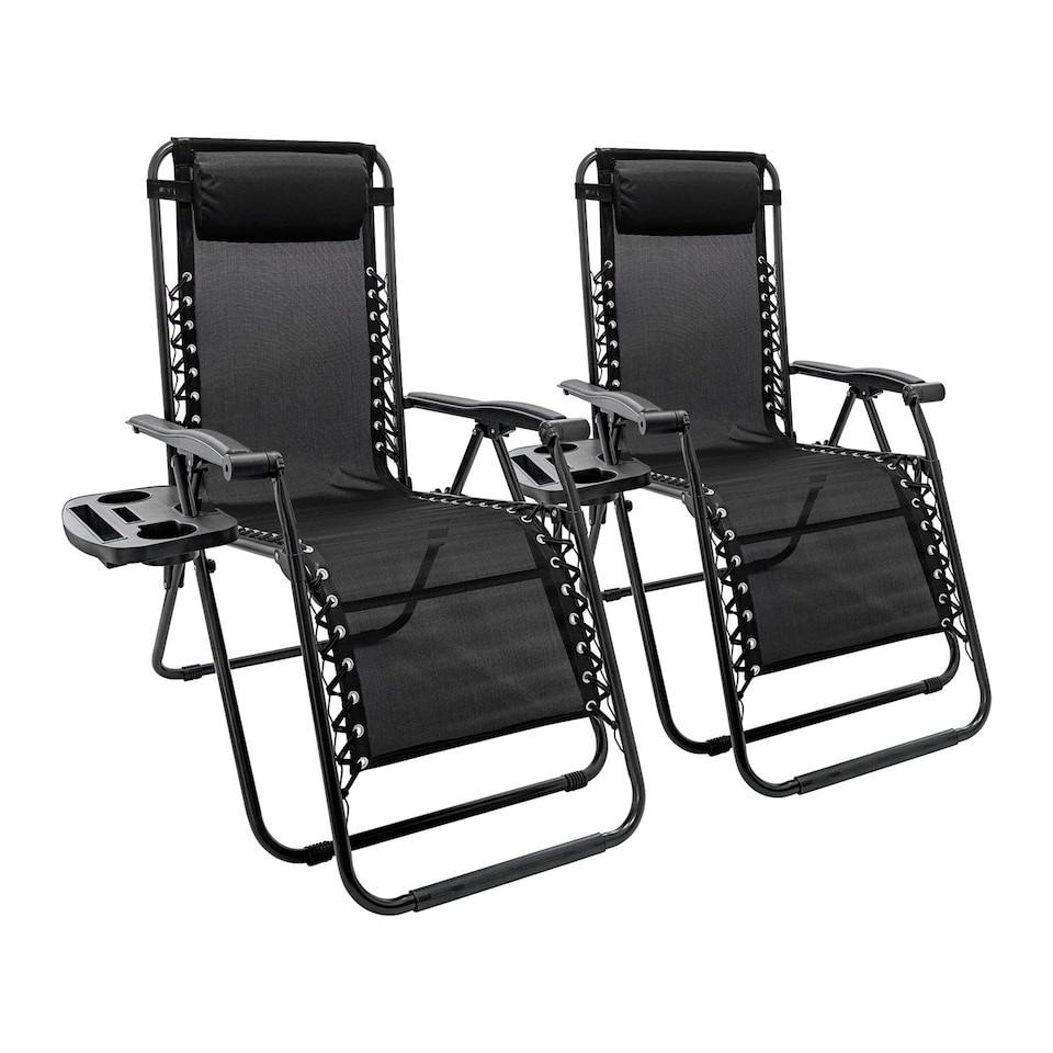 image 1 of Harbour Housewares Zero Gravity Chairs - Black - Set of 2 - Reclining Folding Garden Patio Beach Loungers with Cup Holders