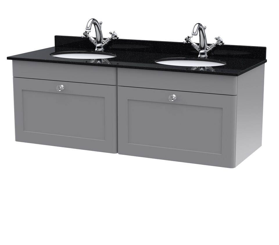 image 1 of Balterley Swynnerton Traditional 2 Drawer Wall Hung Vanity Unit with Double Marble Basin, Satin Grey, 1200mm