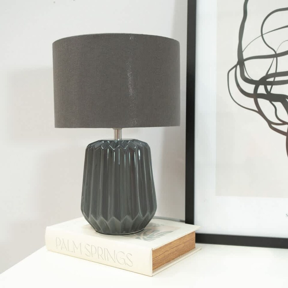 image 1 of ValueLights Zak Pair of Charcoal Grey Pleated Textured Ceramic Table Lamps with matching Shades