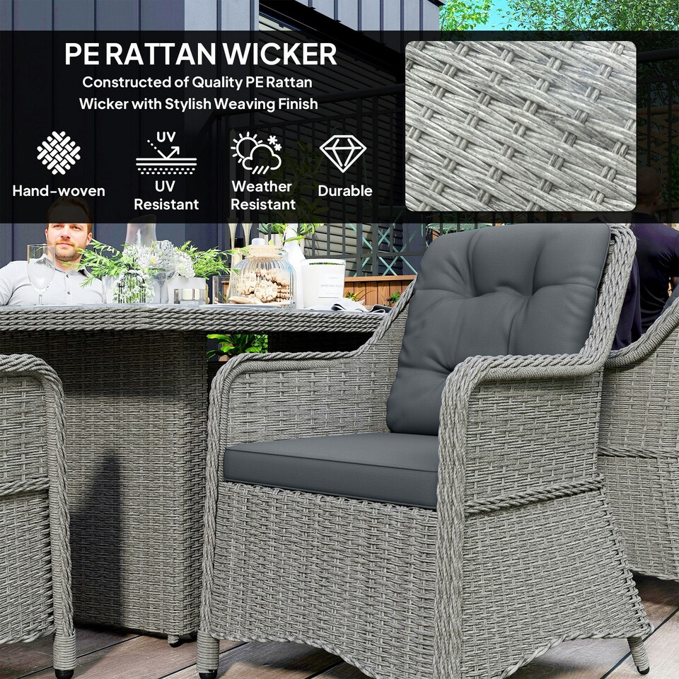 image 1 of Outsunny 6 Seater Rattan Dining Set with Glass Top Table and Cushions, Grey