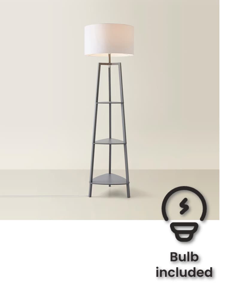 image 1 of ValueLights Hiru Grey 3 Tier Shelf Floor Lamp White Shade & Bulb | Grey