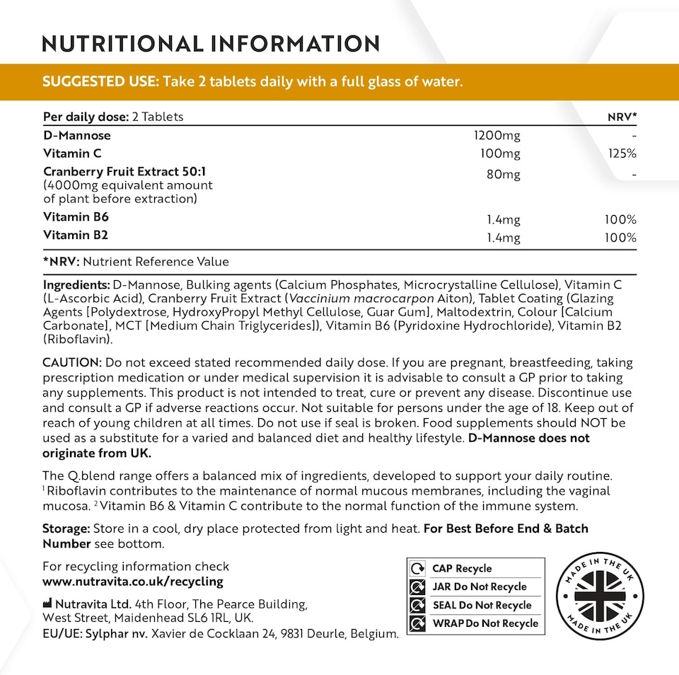 image 1 of Nutravita D Mannose Complex with Vitamin C, Vitamin B6 and Cranberry Fruit Extract - Support Normal Function of Immune System - 180 Tablets