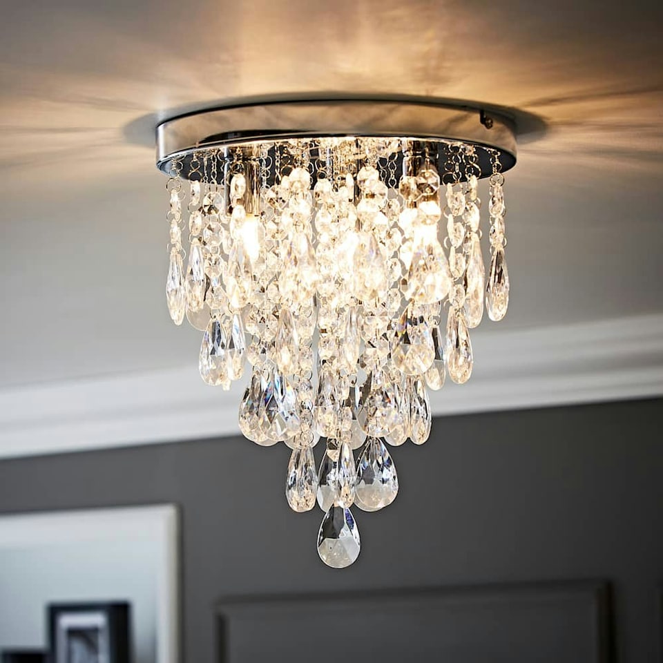 image 1 of ValueLights Lara Chrome Flush Chandelier Style Acrylic Droplet Ceiling Light | Chrome